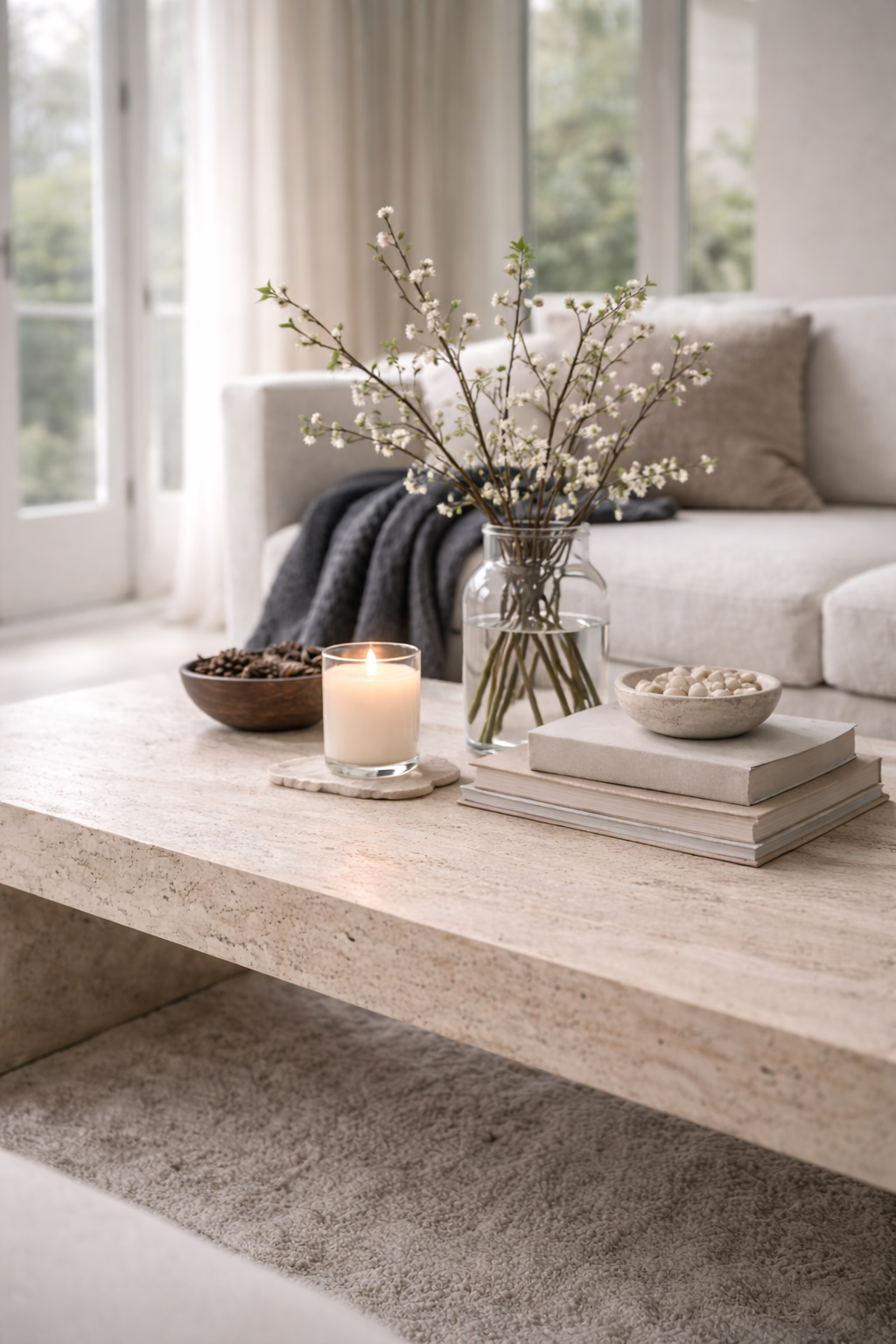 A coffee table styled for spring with lighter layers, airy florals, and a calm, organic modern tonal palette.