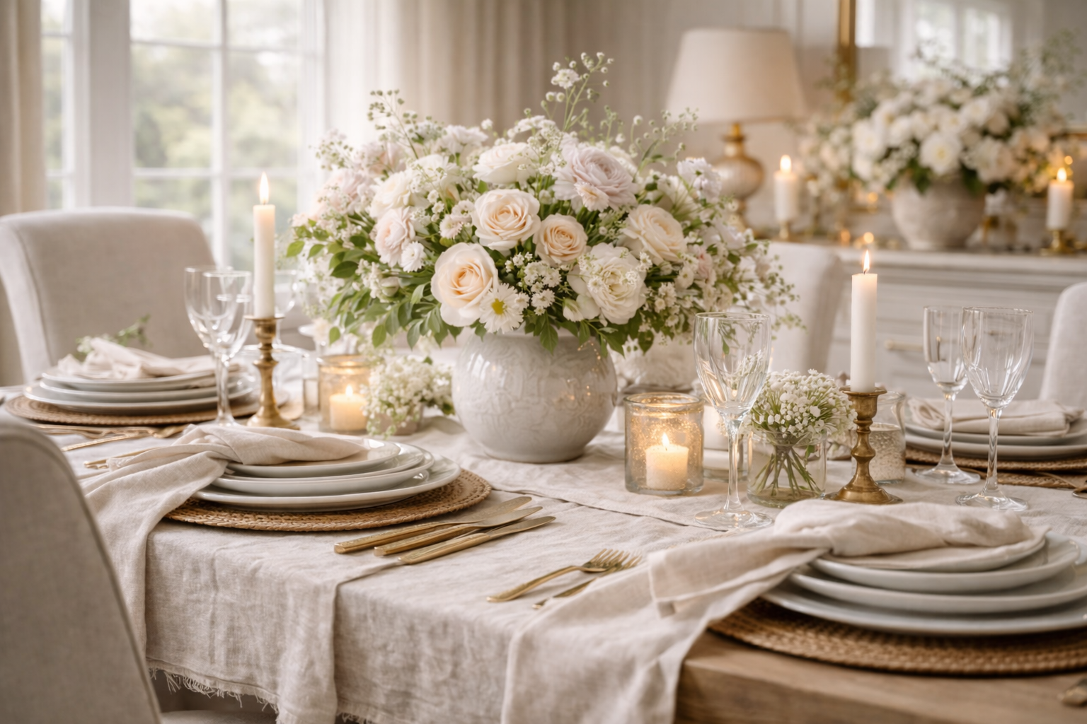 A formal dining room table layered with linen textiles, soft florals, warm brass accents, and airy natural light for an elevated spring look.