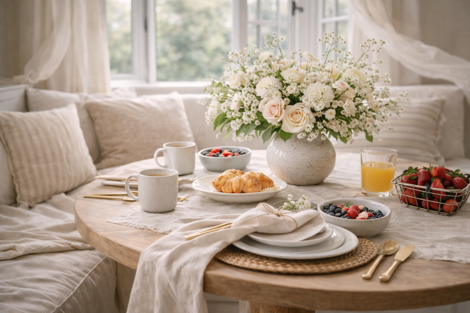 A breakfast nook styled for spring with natural textures, light layers, warm neutrals, and an airy tabletop centerpiece.