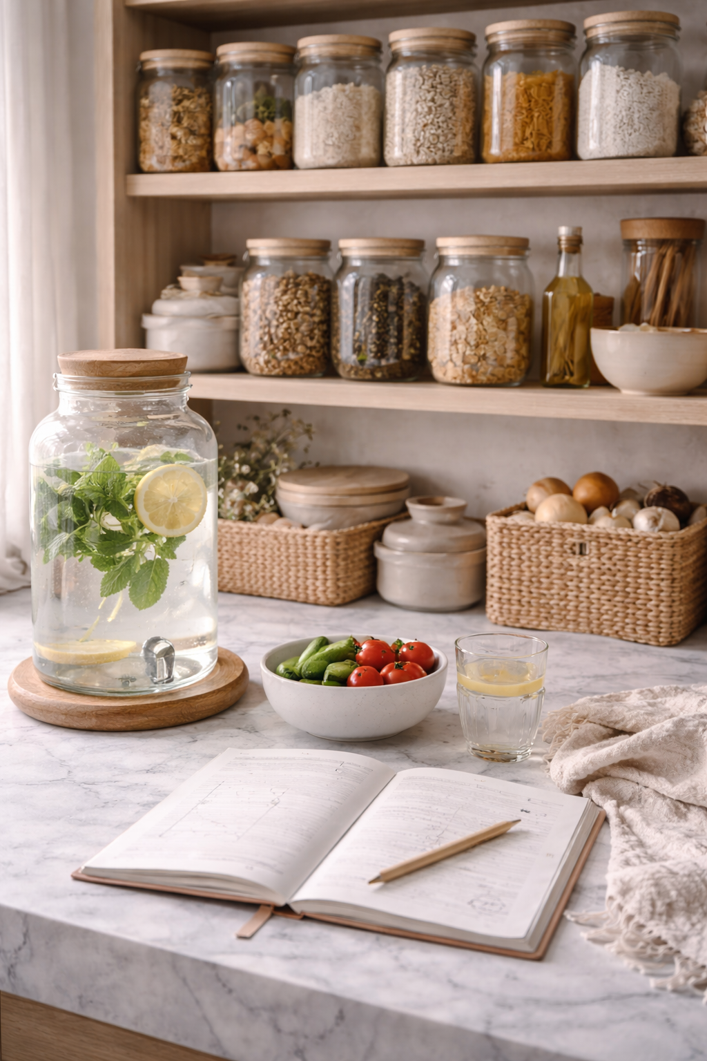 A high-end spring reset scene with feminine neutral tones, clean surfaces, soft light, and an organic-modern atmosphere.