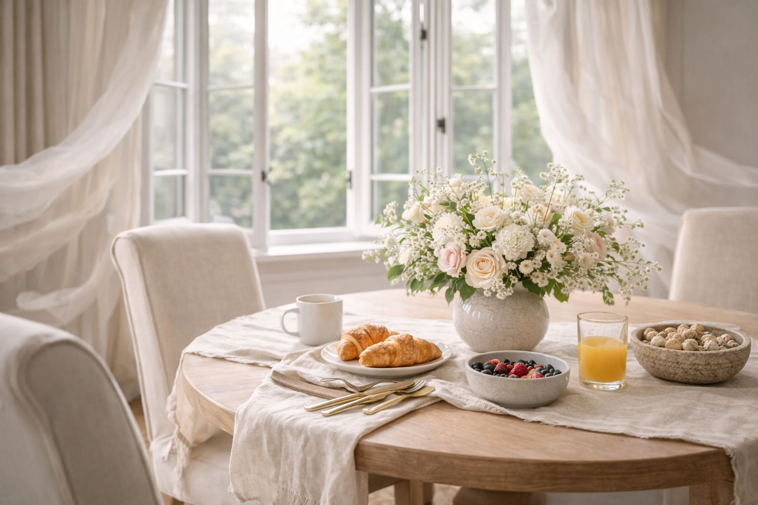 An informal dining room refreshed for spring with a calm tabletop, light textures, warm neutrals, and airy daylight from open windows.