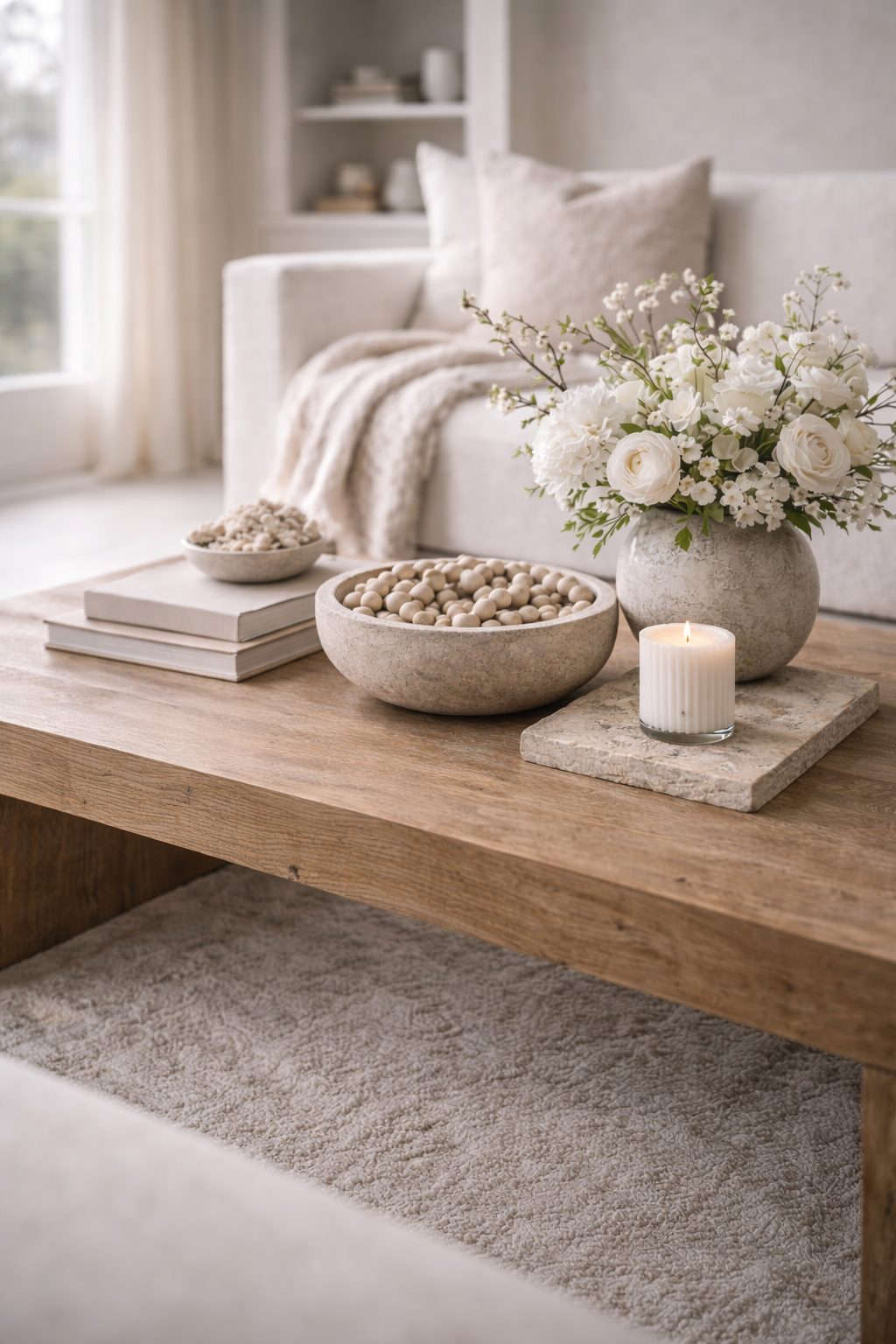 A spring coffee table styled with texture over color: stone accents, matte ceramics, linen layers, and airy stems in a calm neutral palette.
