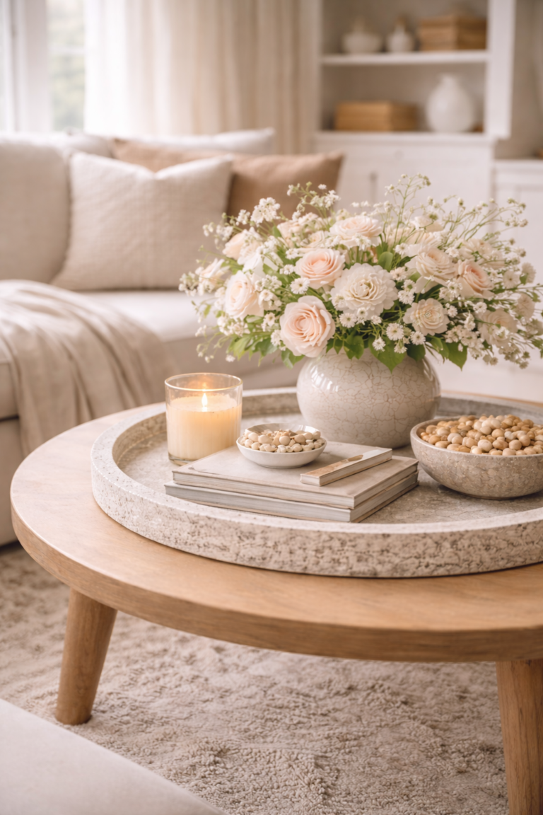 Close-up spring coffee table with blush and white roses, stone tray, candle, decorative books, and neutral living room backdrop.