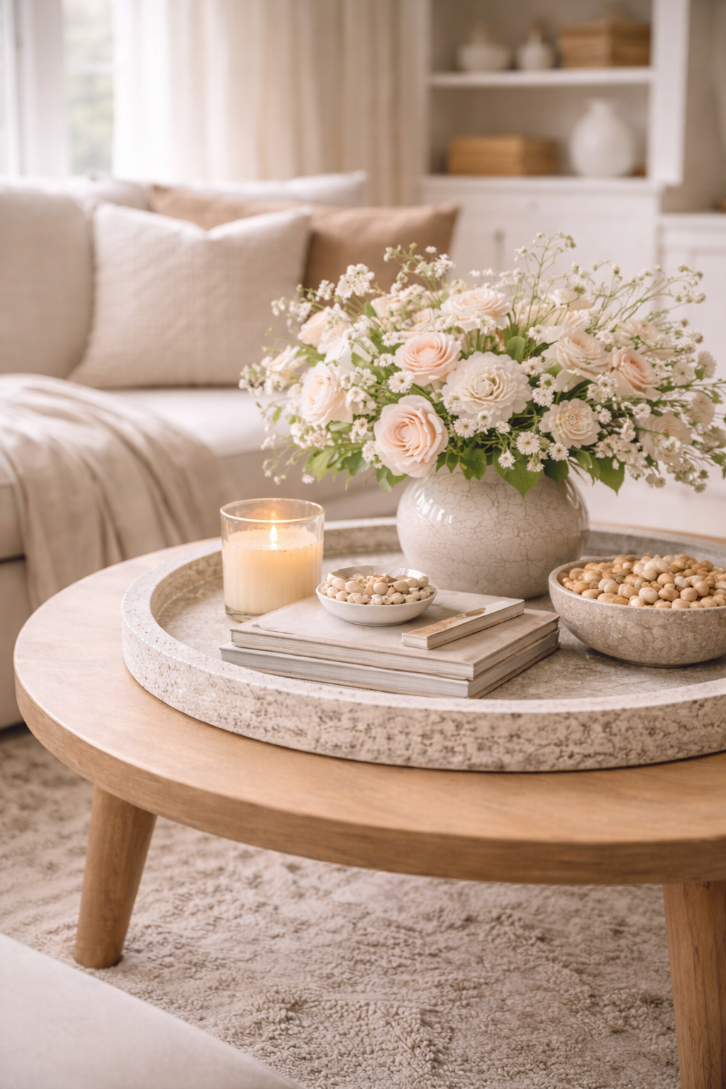 A spring coffee table styled with soft florals, stone accents, and a calm tonal palette with gentle contrast in an organic modern living room.