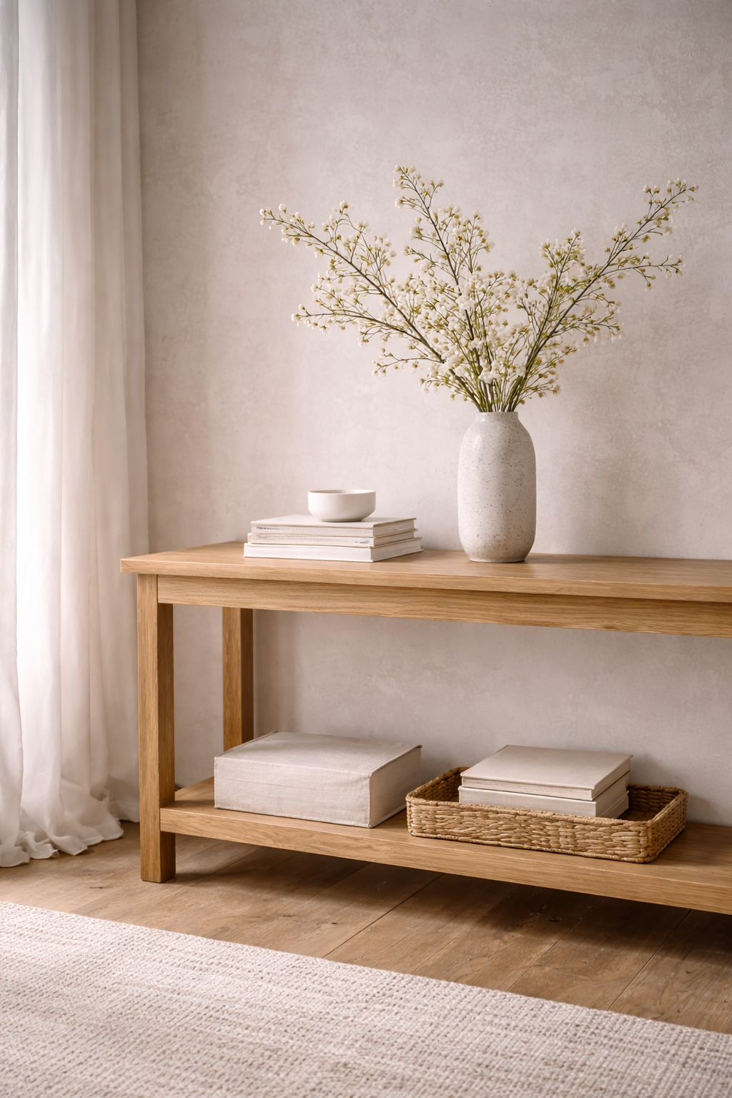 A high-end spring home edit vignette with edited surfaces, soft feminine neutrals, and organic-modern textures.