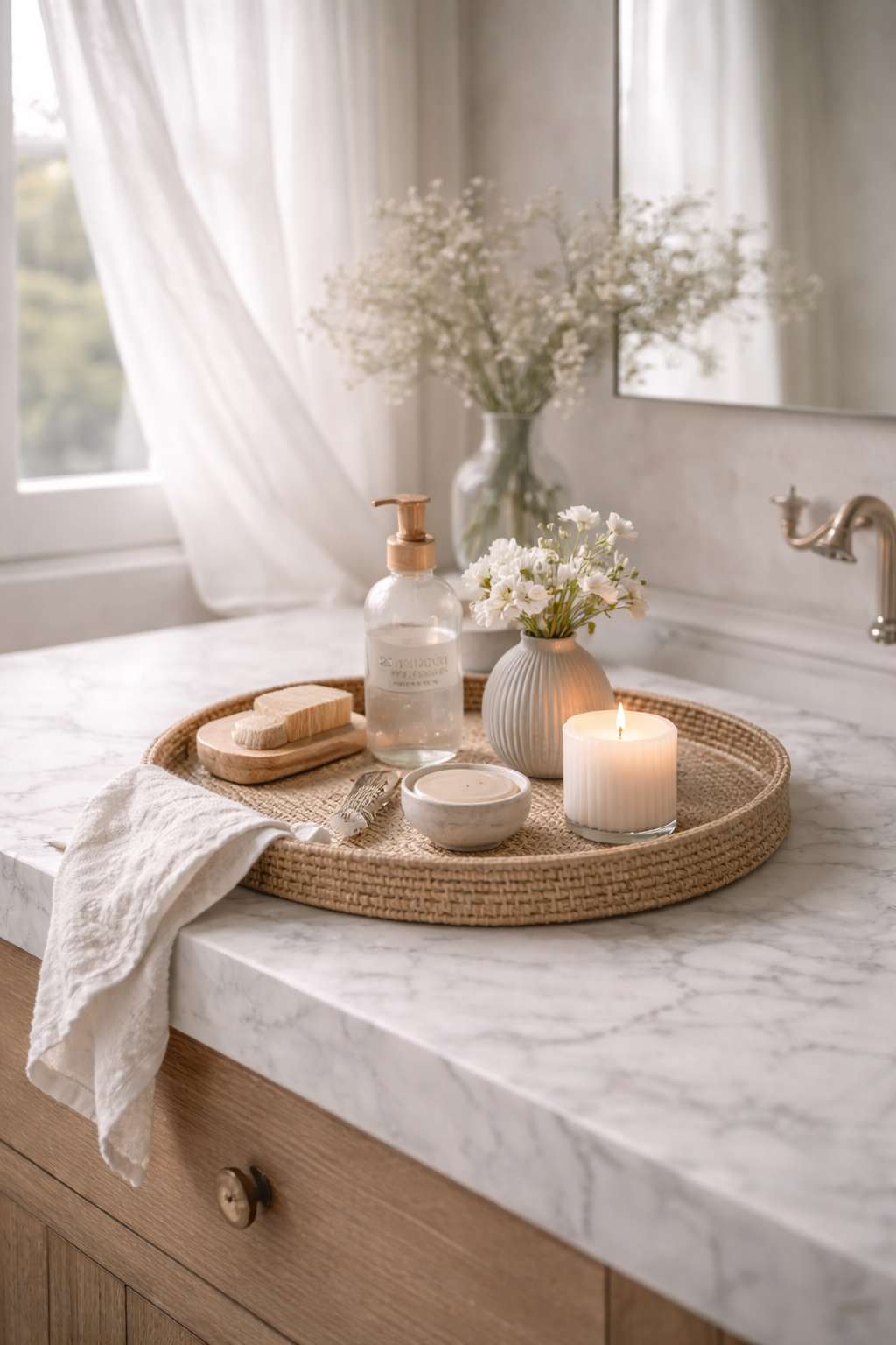 A softly styled spring vignette with feminine neutral tones, organic textures, and light-filled calm.