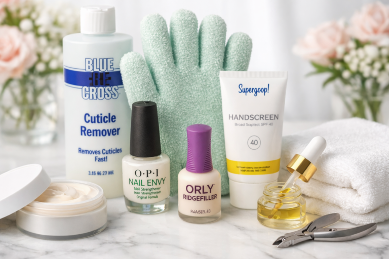 Gel nail aftercare products including cuticle remover, nail strengthener, ridge filler, hand cream, cuticle oil, and manicure tools.