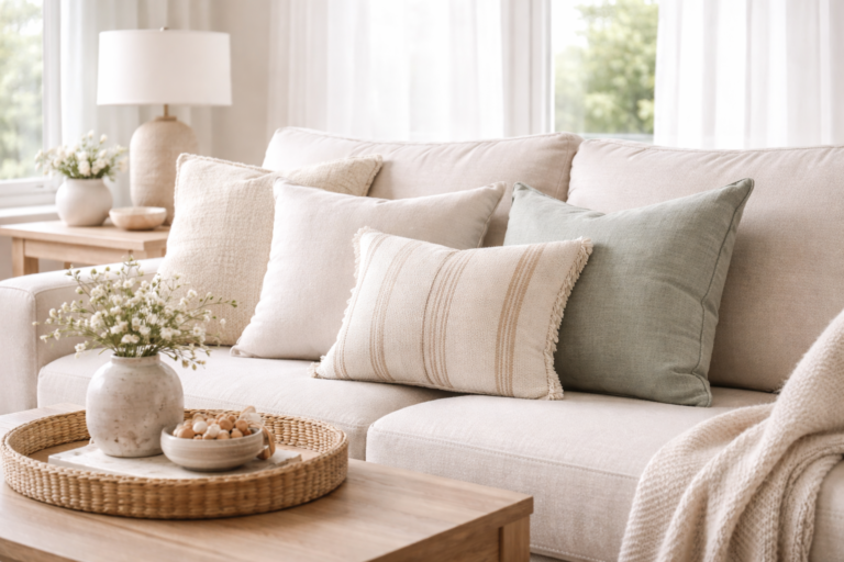 Neutral sofa styled with beige and sage green spring pillows in organic modern living room