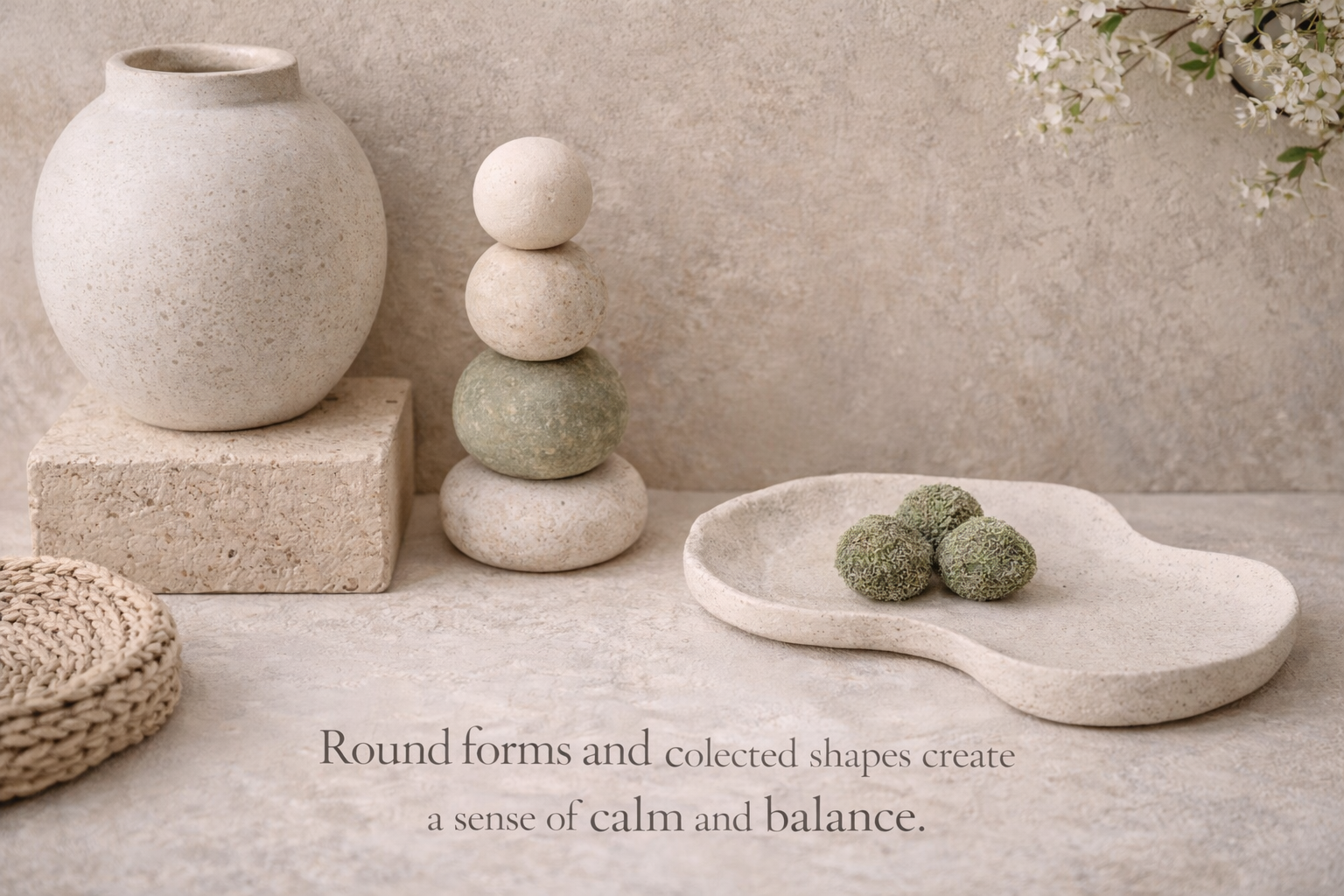 Organic modern still life showing rounded forms and tactile materials that create balance and calm