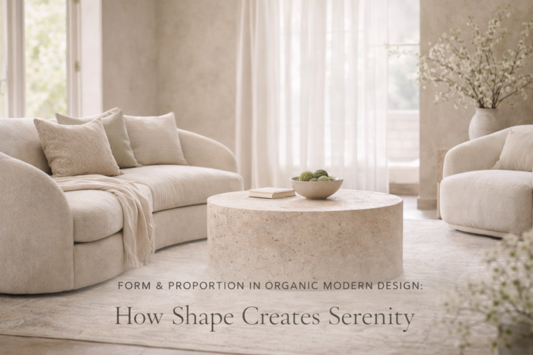 Organic modern living room with curved neutral sofas, round stone coffee table, and soft spring styling emphasizing form and proportion.