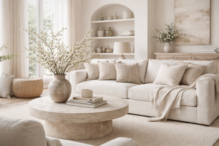 Neutral organic modern living room with cream sofa, round travertine coffee table, large ceramic vase with spring branches, and soft natural light.
