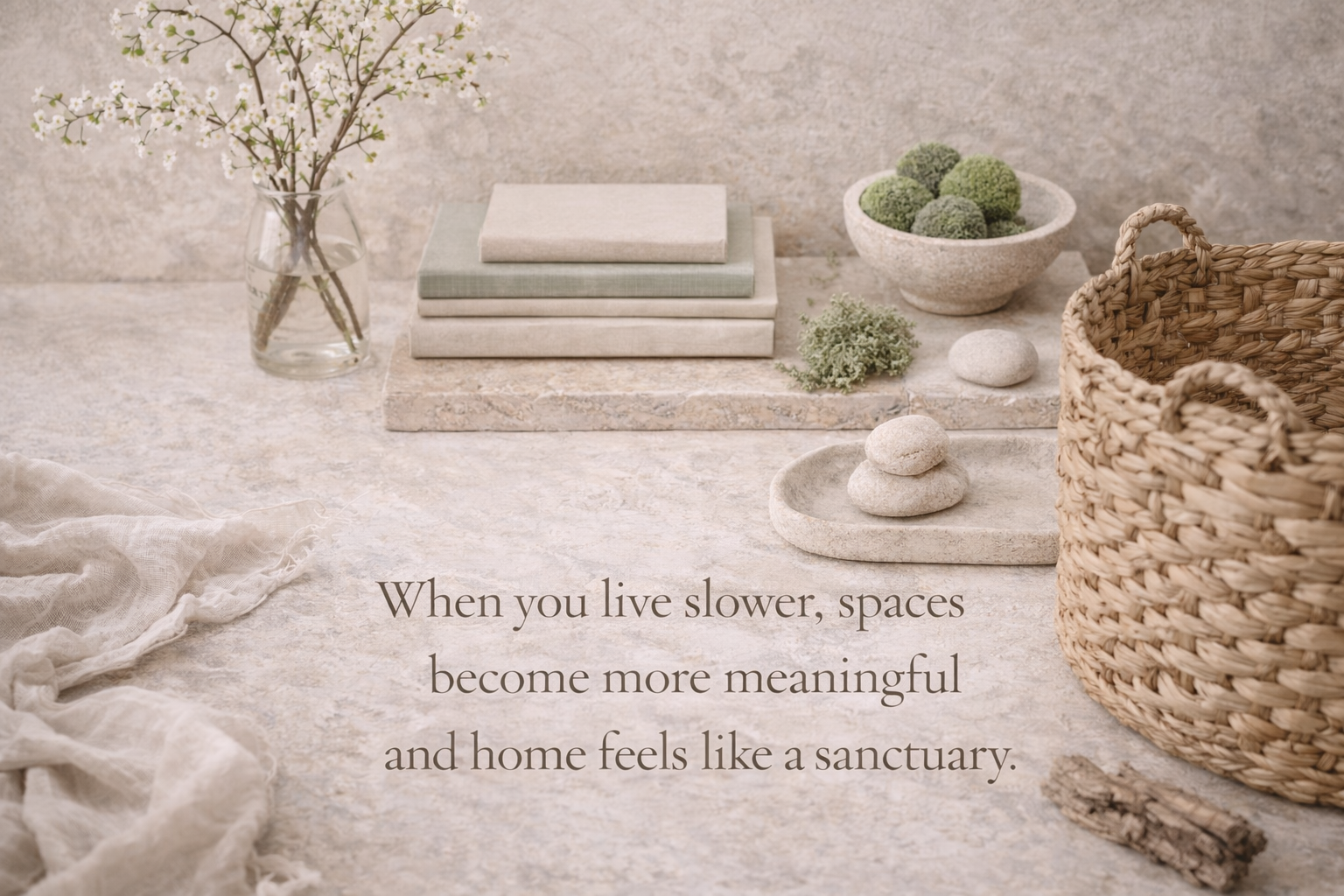 Slow living spring styling vignette with books, woven basket, blossoms, and soft neutral textures