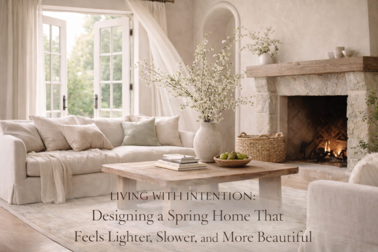 Organic modern spring living room with neutral sofa, stone fireplace, natural wood coffee table, and soft greenery.