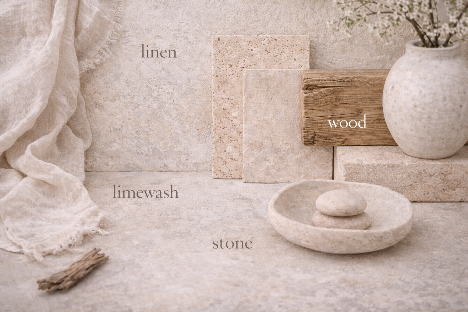 Linen, limewash, wood, and stone materials labeled in a refined spring texture layout