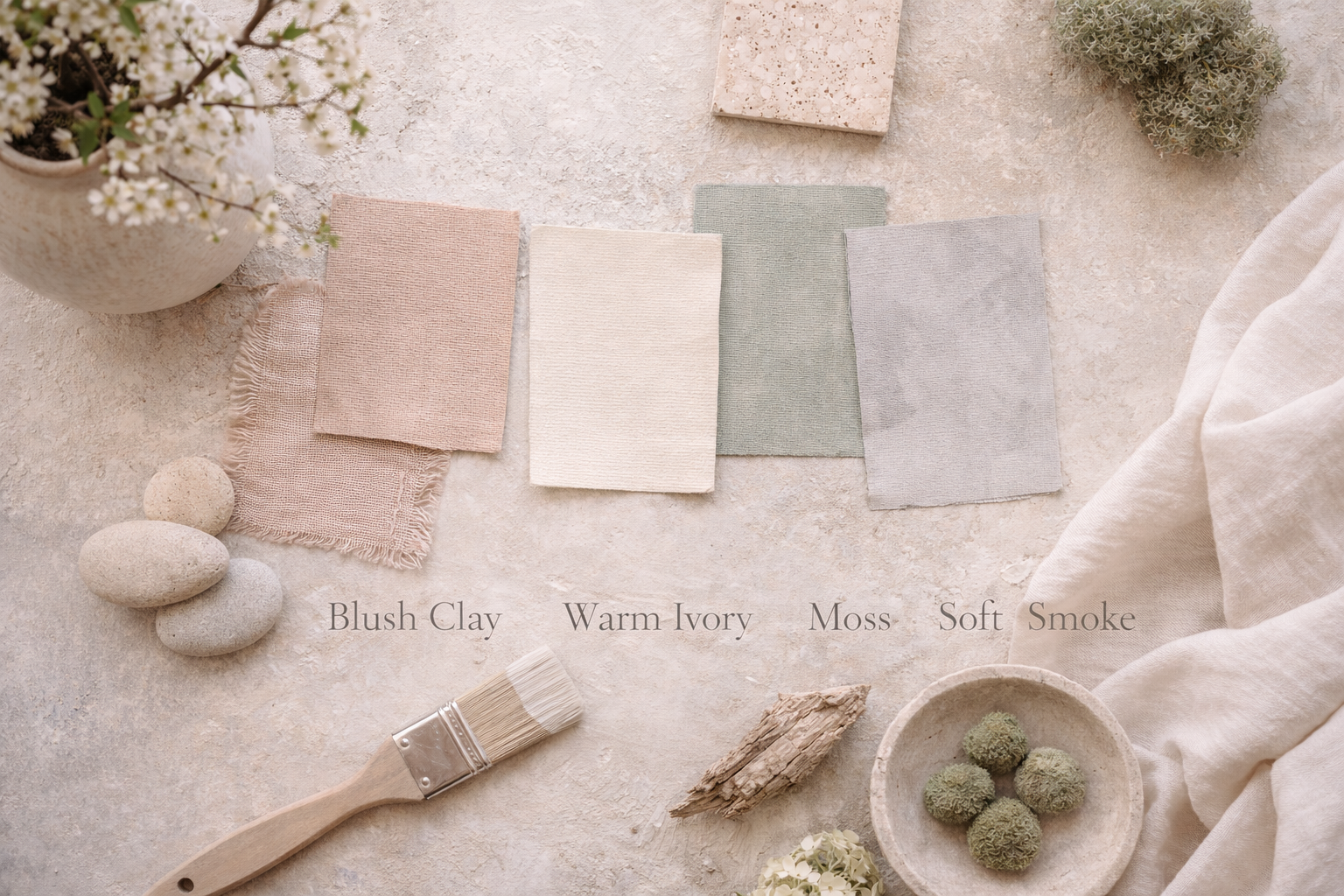 Close-up spring neutral palette swatches labeled blush clay, warm ivory, moss, and soft smoke
