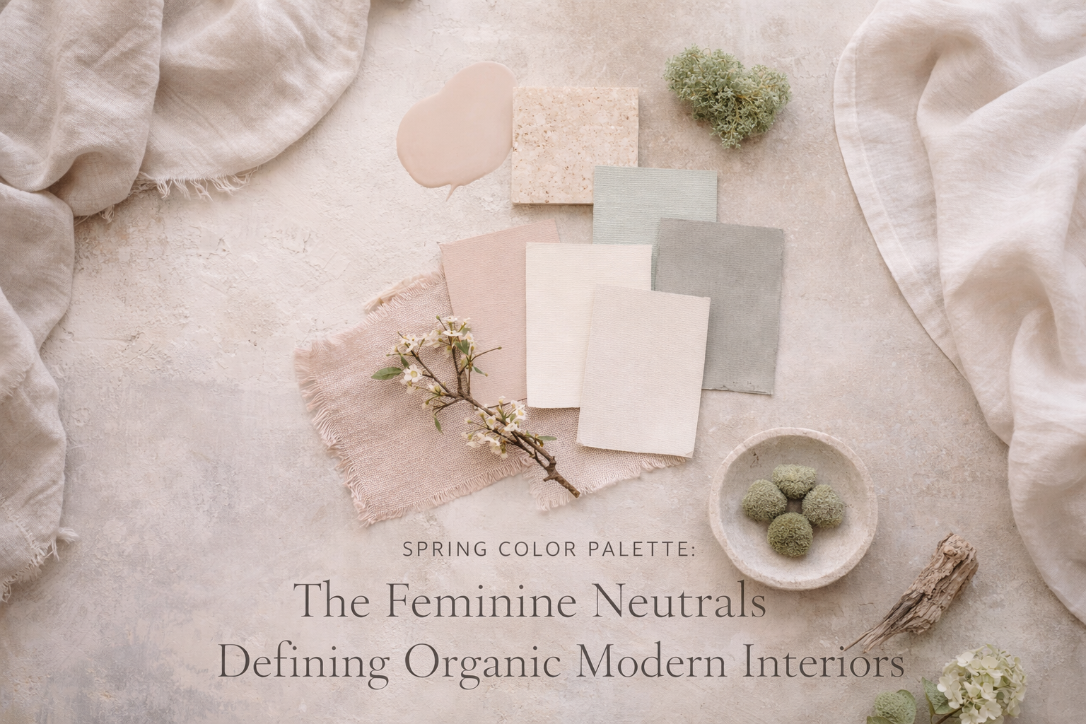Spring feminine neutral color palette mood board with warm ivory, blush clay, moss, and soft smoke tones