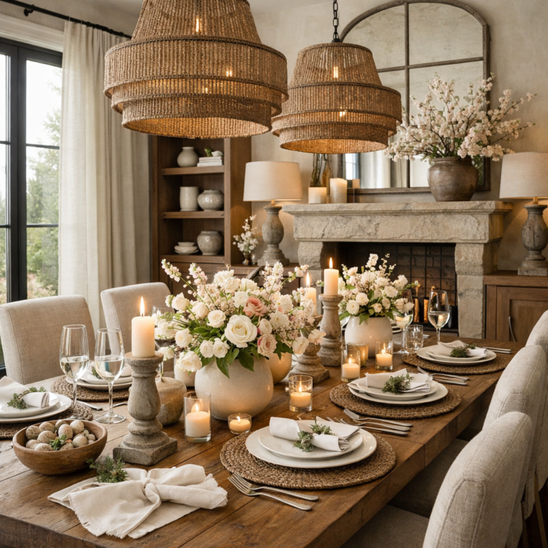 Organic modern spring formal dining table styled with blush and cream florals, layered candles, woven placemats, and a lit stone fireplace in the background.