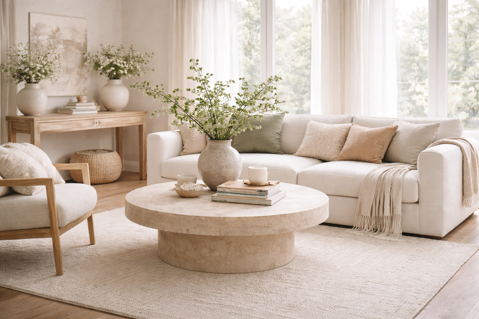 A sophisticated spring color palette in a warm neutral interior without pastel tones