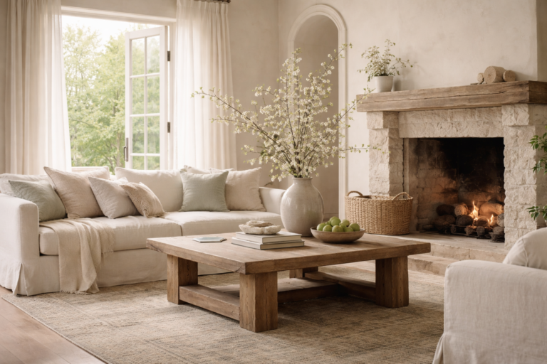Luxury organic modern living room with stone fireplace, neutral linen sofa, wood coffee table, and soft spring decor.