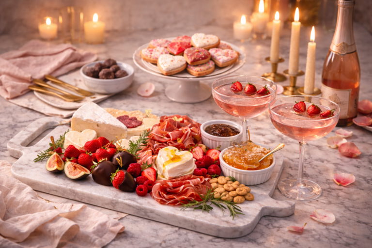 Valentine’s Day charcuterie board with strawberries, cheeses, cured meats, champagne, and candlelit table setting.