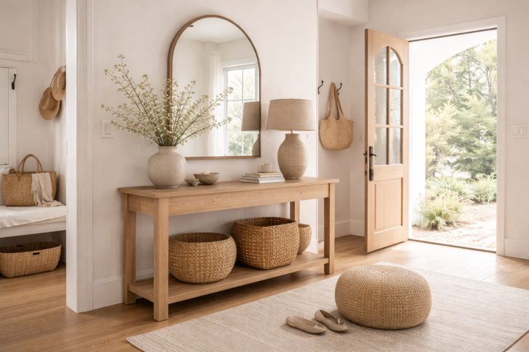 Organic modern entryway with wood console table, round mirror, woven baskets, neutral decor, and open door with natural light