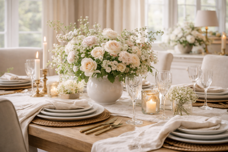 Spring formal dining room with neutral linen table setting, white rose centerpiece, brass candlesticks, and woven placemats in soft natural light.