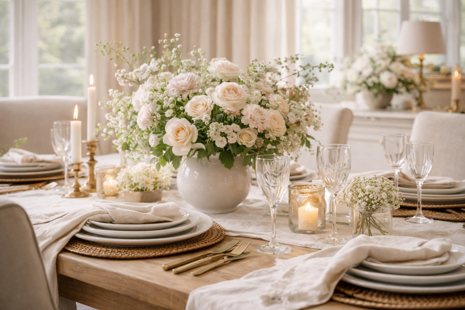 A formal dining room styled for spring with layered linen textures, pale floral arrangement, warm metal accents, and a clean, airy tabletop.