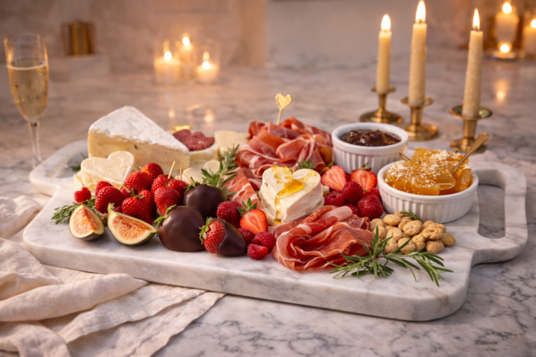 Romantic Valentine’s Day charcuterie board with heart-shaped cheese, strawberries, cured meats, honey, and champagne with candles.