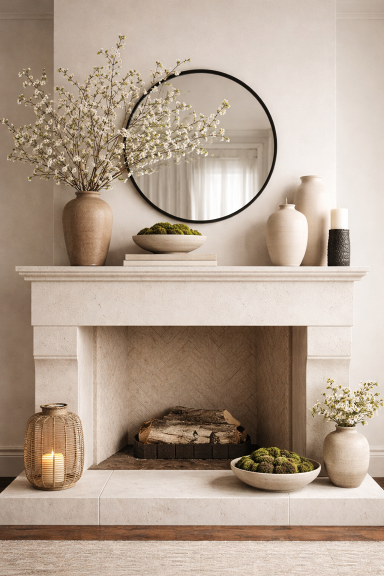 Neutral stone fireplace mantel styled for spring with a round black mirror, ceramic vases, flowering branches, moss bowls, and soft candlelight.