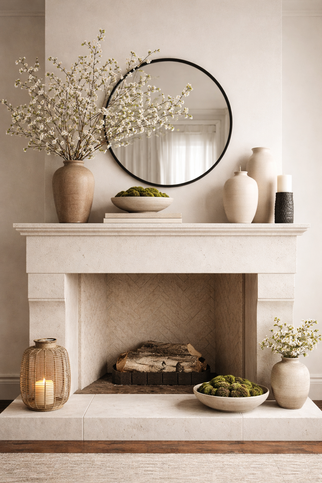Spring organic modern fireplace mantle with white ceramics, tulips, cherry blossoms, decorative books, flameless candles, and soft feminine tones