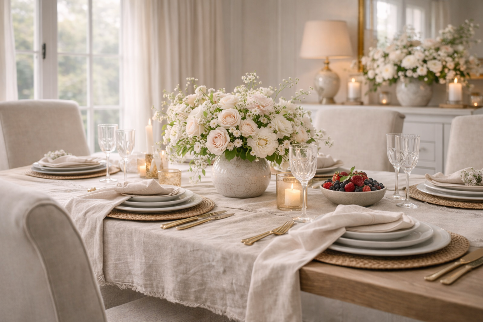 A casual dining space styled for spring with soft feminine neutrals, natural textures, and an elevated everyday table setup.