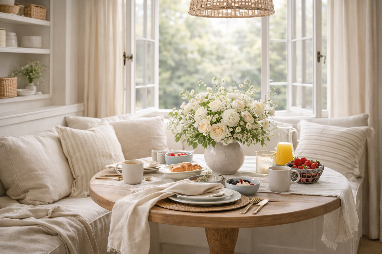 A refined formal dining room styled for spring with airy layers, soft neutrals, pale florals, and warm light—an effortless transition from winter evergreens.