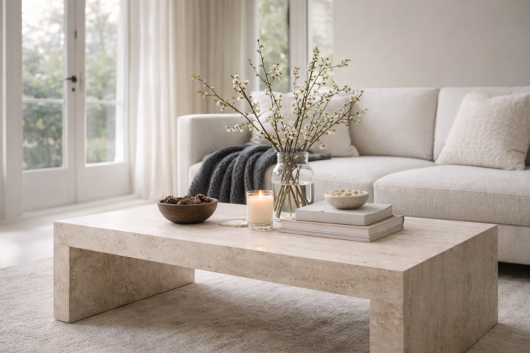 Minimal spring coffee table with stone finish, glass vase of budding branches, candle, stacked books, and neutral sofa in soft daylight.