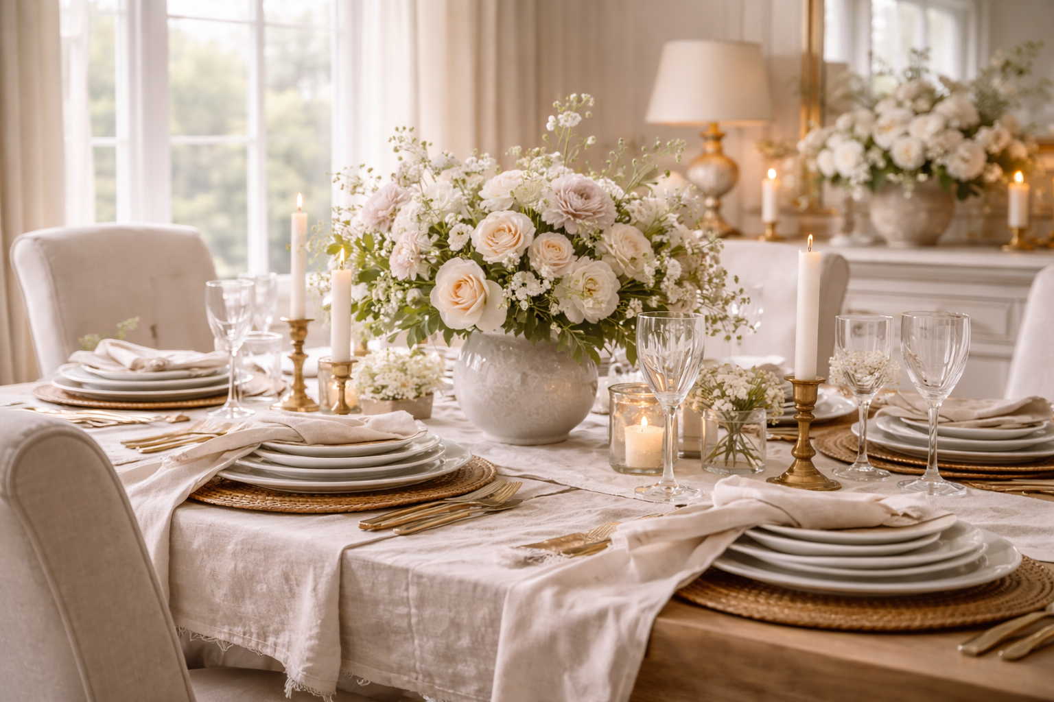 An organic modern formal dining room transitioning into spring with soft linen layers, pale florals, warm brass accents, and airy natural light.