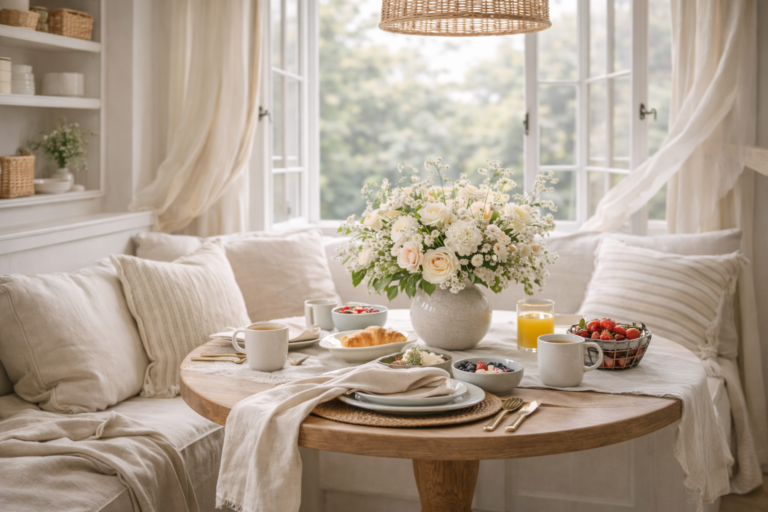 Sunlit spring breakfast nook with round wooden table, neutral cushions, flowing curtains, white floral centerpiece, coffee, croissants, berries, and orange juice.