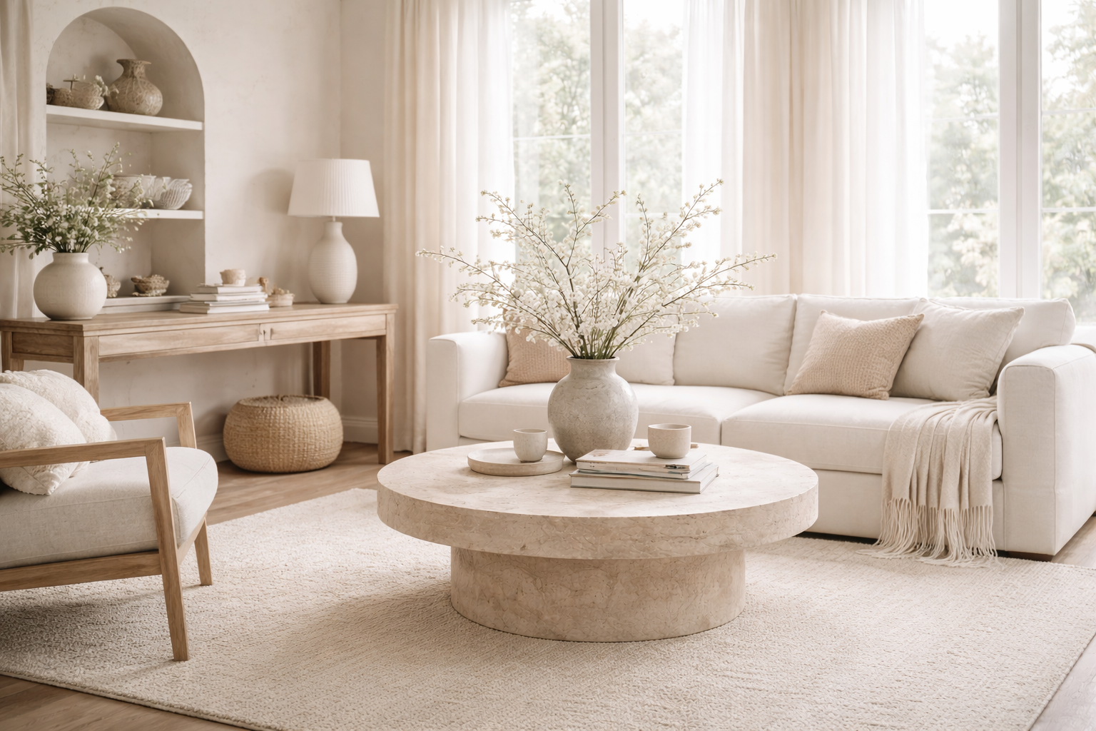 Organic modern spring interior with feminine minimalism and soft neutral tones