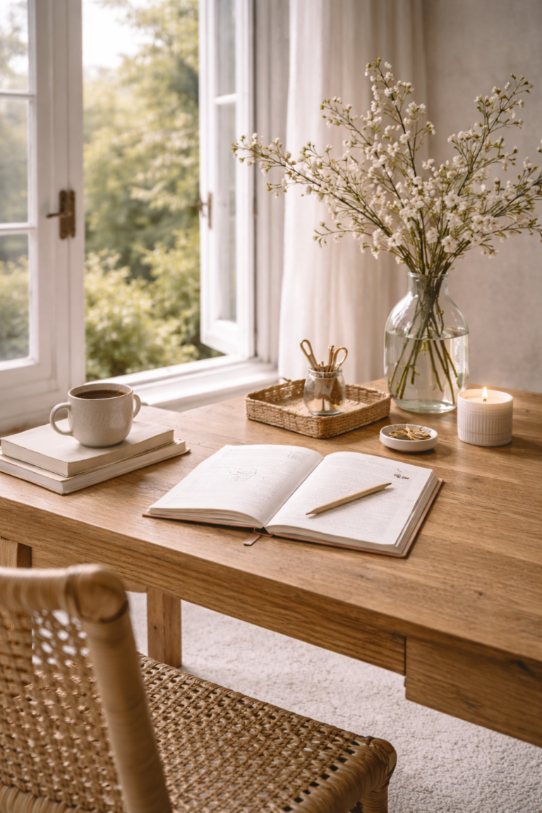 Spring desk by open window with journal, coffee, candle, and fresh white blossoms in glass vase.