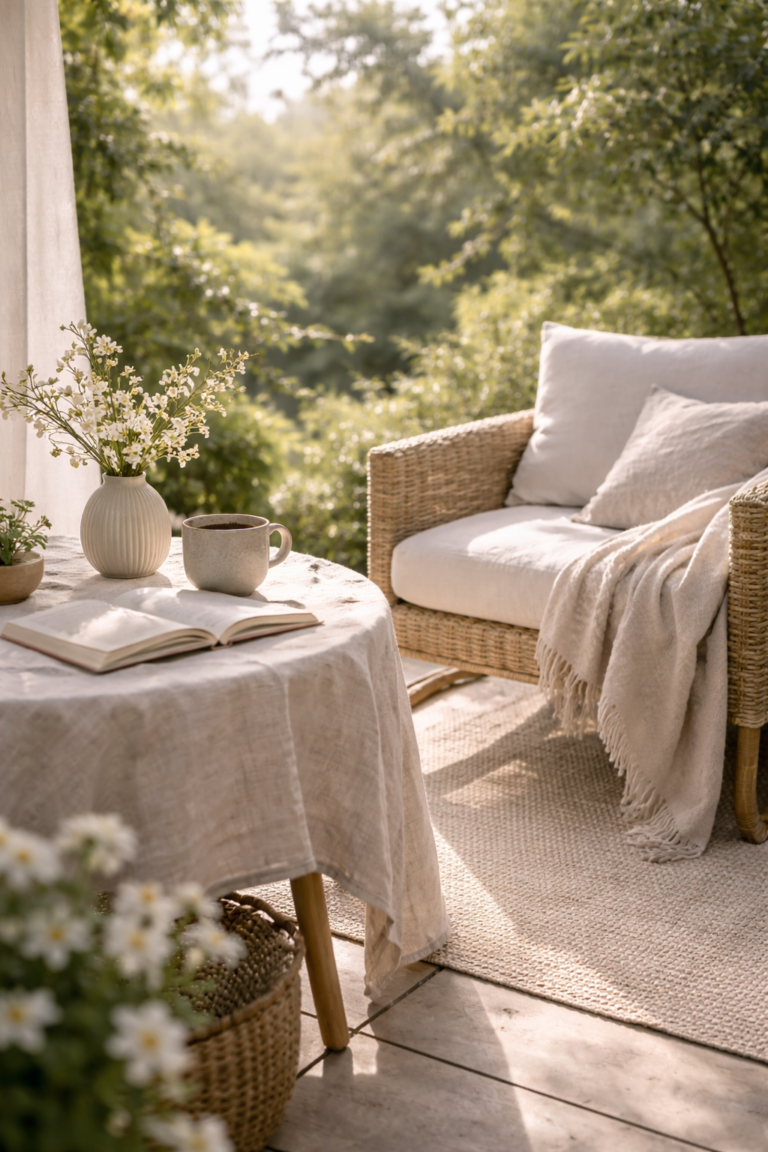Slow spring morning patio scene with wicker chair, linen-draped table, coffee mug, open book, and soft greenery in warm sunlight.