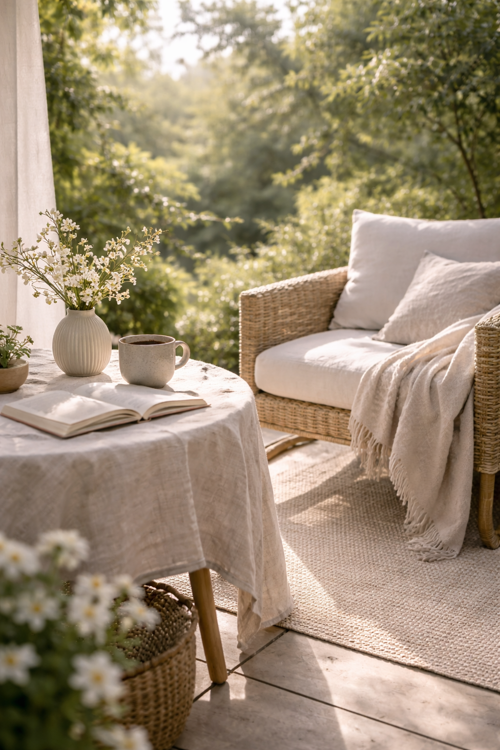 A high-end, organic-modern spring morning scene with soft feminine neutrals, linen textures, a warm mug, and gentle sunlight.