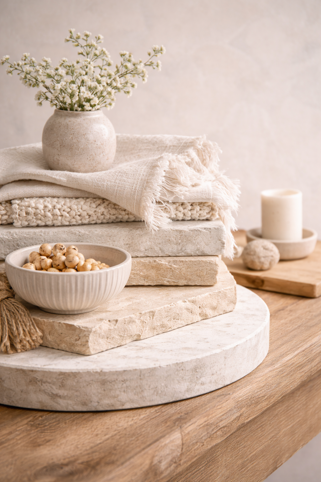 High-end spring interior styling using texture over color in an organic modern palette