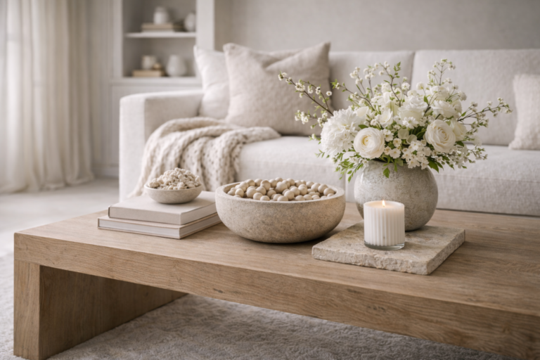 Spring coffee table styled with white florals, stone bowls, candle, stacked books, and natural wood in a neutral living room.