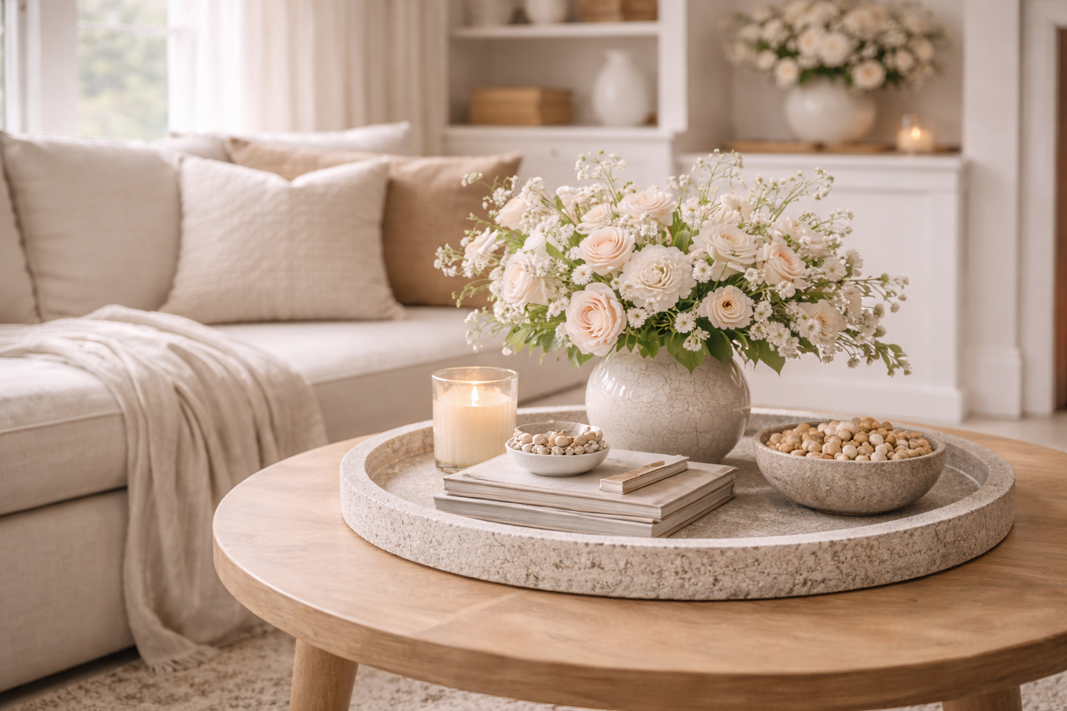 An organic modern coffee table styled for spring with florals, stone accents, and soft tonal contrast in a high-end neutral living room.