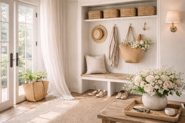 Bright spring entryway with woven baskets, neutral bench seating, hanging straw hat and tote, white floral arrangement, and open glass doors.