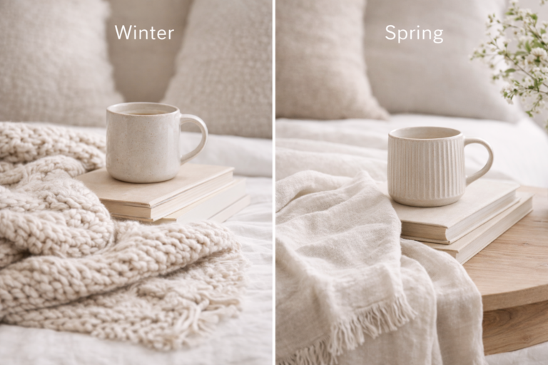 Side-by-side winter and spring home styling comparison with cozy knit throw and mug in winter versus light linen throw and fresh greenery in spring.