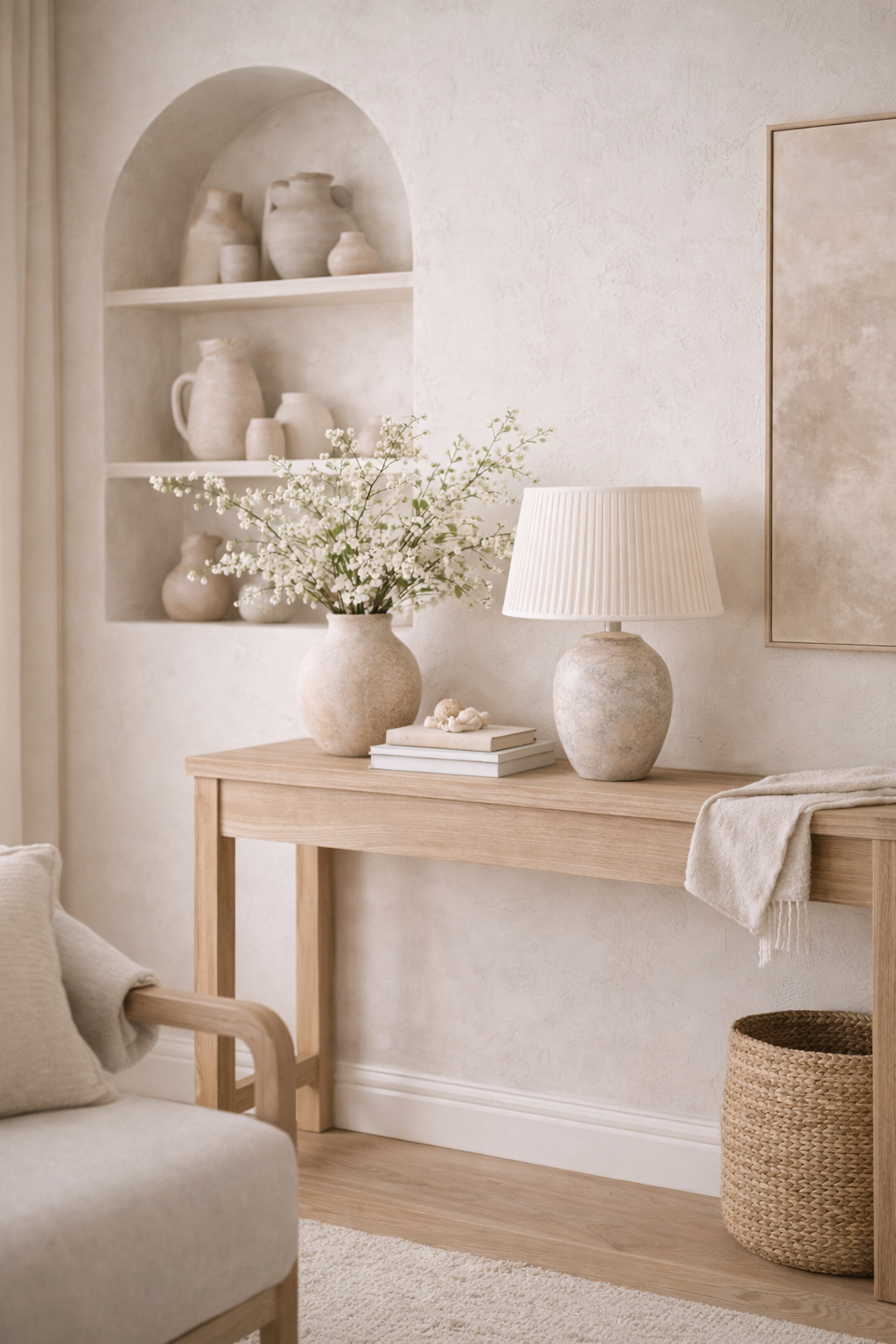 Feminine organic modern styling with warm neutrals and soft textures