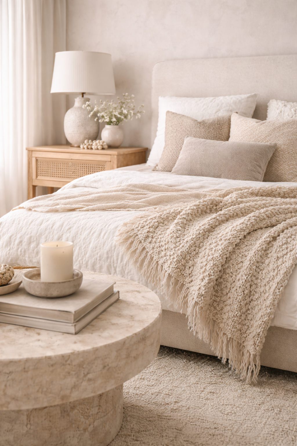 Spring interior styling emphasizing layered textures like linen, ceramics, and natural fibers