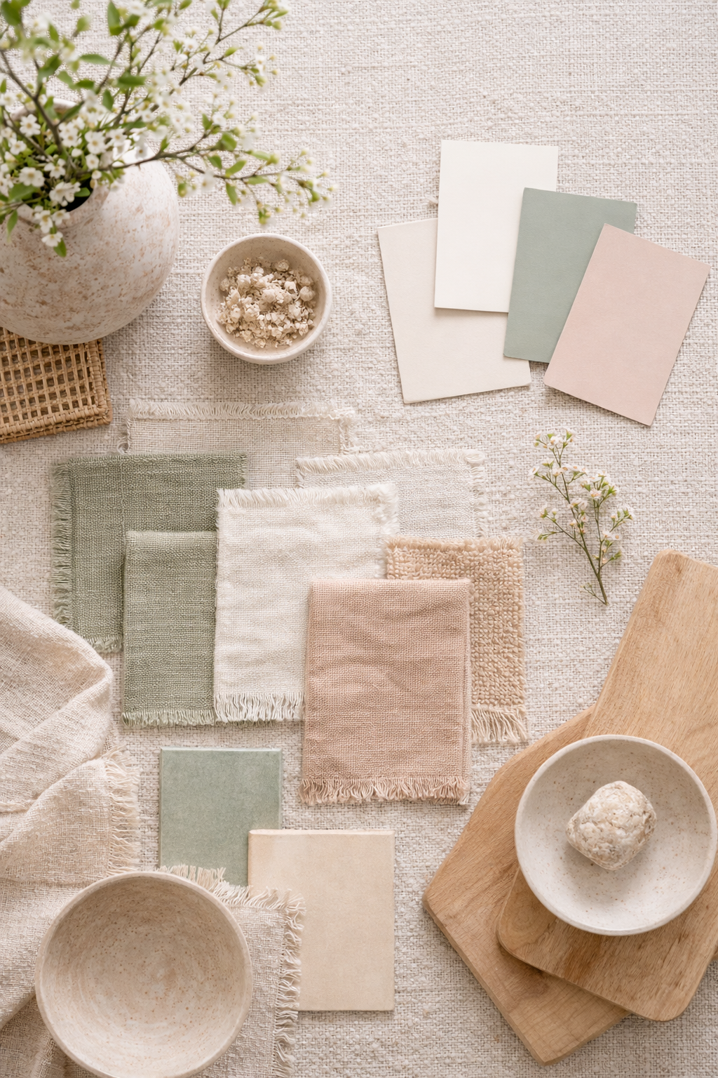 Warm neutral spring tones layered in an organic modern space without pastels