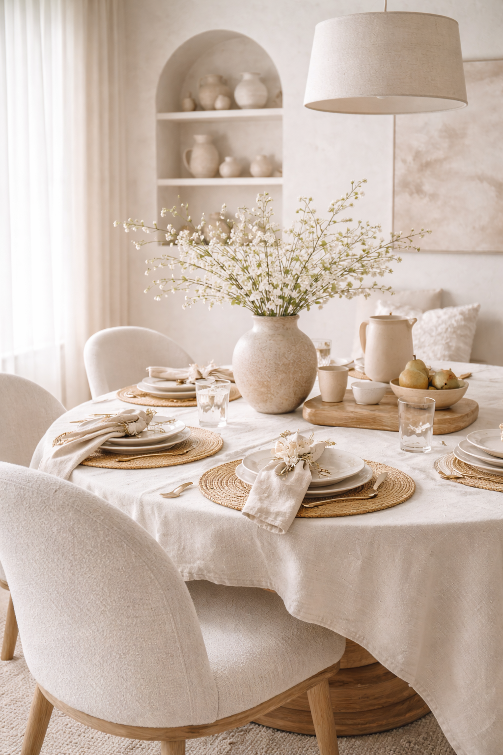 Organic modern spring interior styling featuring tonal neutrals and layered textures
