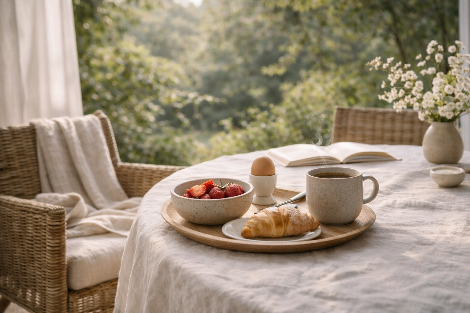 A softly styled spring morning vignette: warm mug, linen textures, gentle sunlight, and an organic-modern calm palette.