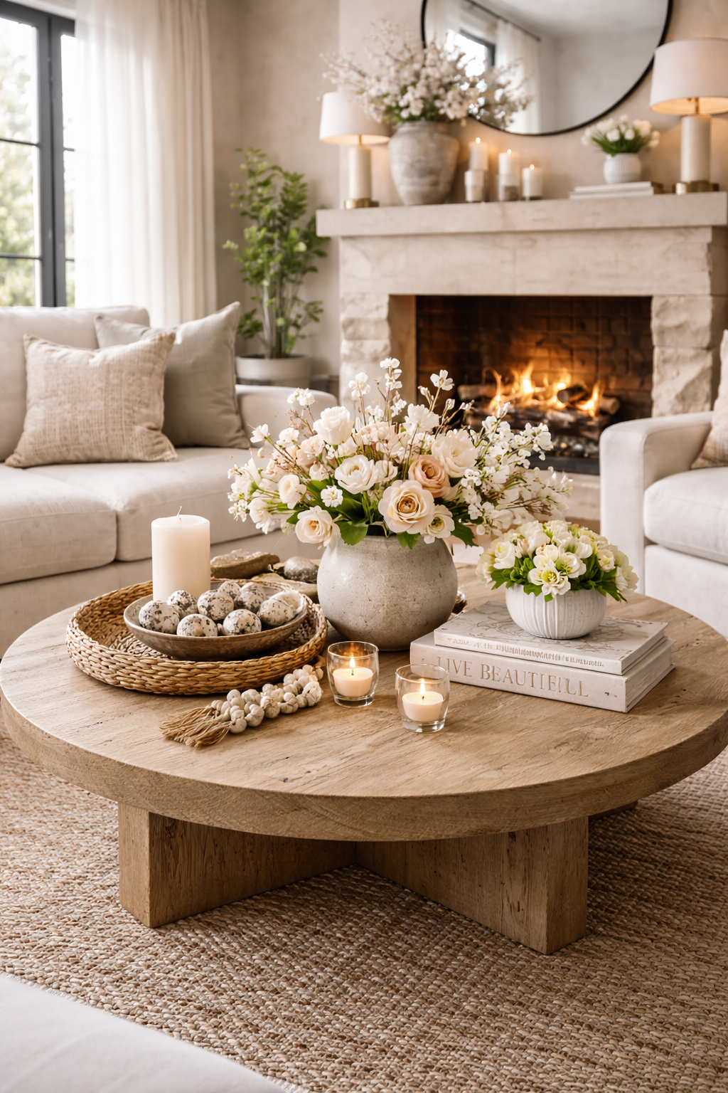 Organic modern spring coffee table with round wooden table, rattan tray, decorative books, white vase with greenery and roses, glass votive candles, and a carved bowl with speckled eggs